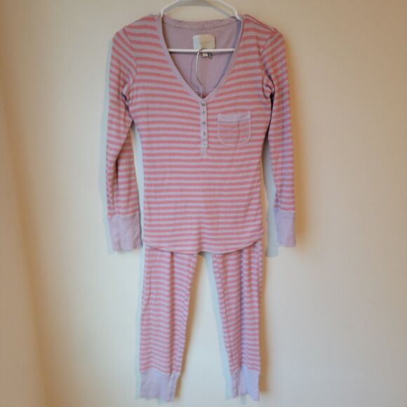 Y2k Victorias Secret Pajama Set Size XS Thermal Pink Striped Retro Preppy Cozy - Picture 1 of 6
